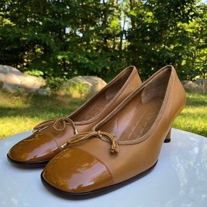 CHANEL Camel Mid-Heel patent leather cap toe pumps